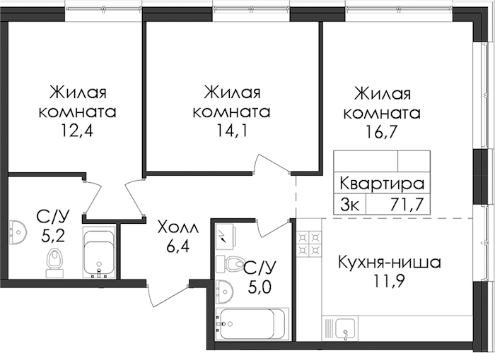 2-комнатная квартира 71.7 м², 1/9 эт., ЖК «Лермонтовский 54»